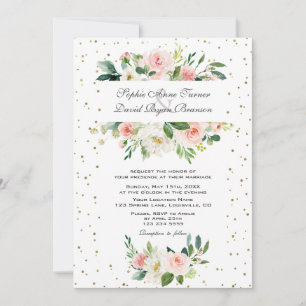 Convites Casamento Dourado de Confetti com Creme Rosa Elega
