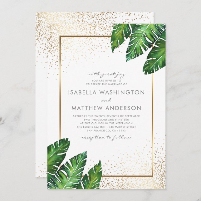 Convites Casamento Dourado de Confetti e Folhas Tropicais d (Frente/Verso)