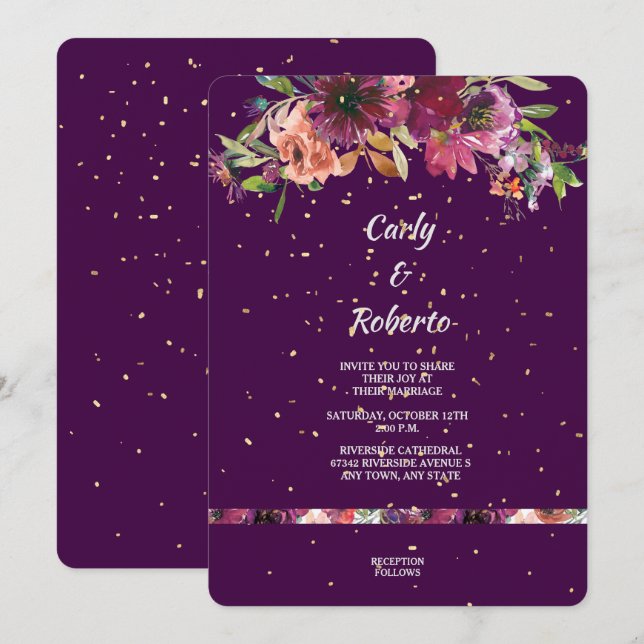 Convites Casamento Dourado de Confetti Floral Vívido Roxo P (Frente/Verso)
