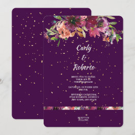 Convites Casamento Dourado de Confetti Floral Vívido Roxo P