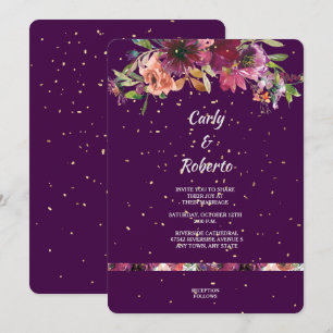 Convites Casamento Dourado de Confetti Floral Vívido Roxo P