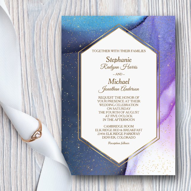 Convites Casamento Dourado de Confetti Watercolor Azul Viol (Criador carregado)