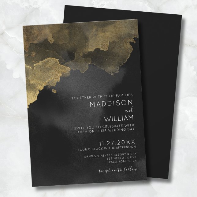Convites Casamento Dourado de Cor de Água Moderna (Modern Watercolor Black Gold Wedding Invitation)