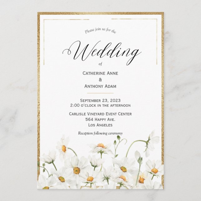 Convites Casamento Dourado de Daisies Floral Watercolor (Frente)