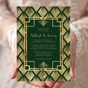 Convites Casamento Dourado de Deco de Vintagem Verde Elegan