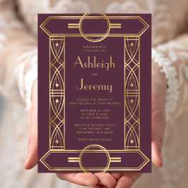 Convites Casamento Dourado de Deco Frame Burgundy