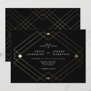 Convites Casamento Dourado de Deco Gatsby Preto Diamante