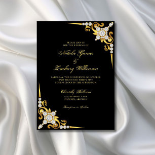 Convites Casamento Dourado de Diamante Negro Elegante