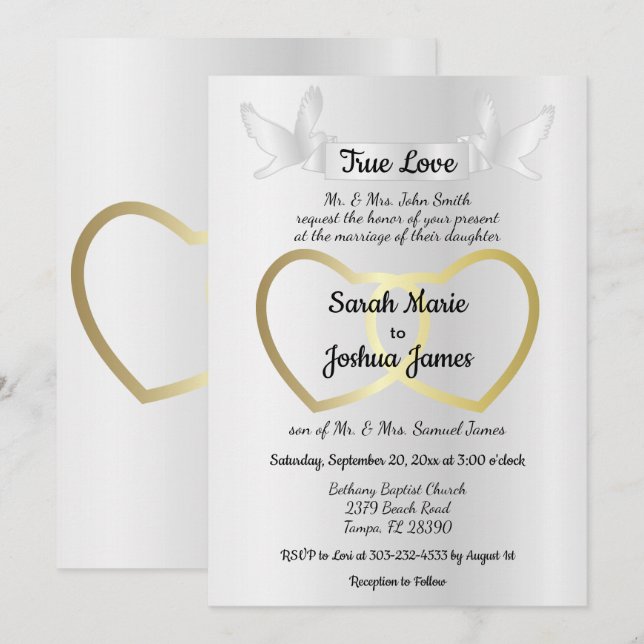 Convites Casamento Dourado de Dual Heart (Frente/Verso)
