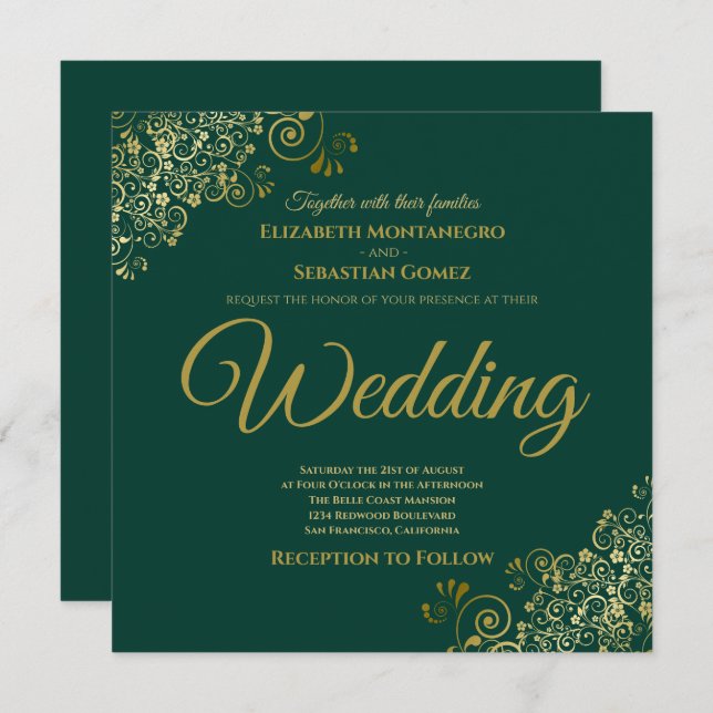 Convites Casamento Dourado de Elegante Verde Emerald Green (Frente/Verso)