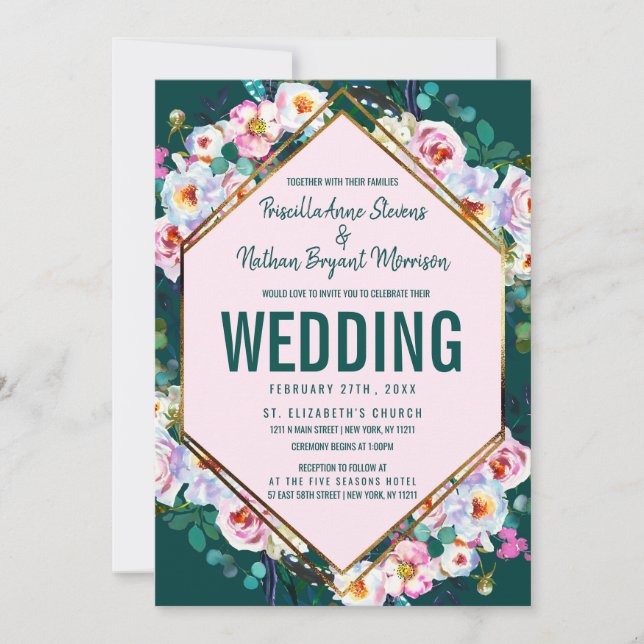 Convites Casamento Dourado de Emerald Jade com Flores Rosa (Frente)