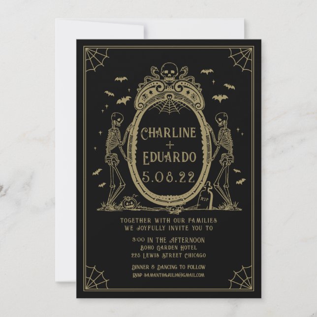 Convites Casamento Dourado de Esqueleto com Hallowedding Gó (Frente)