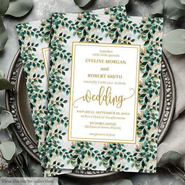 Convites Casamento Dourado de Eucalyptus, Caçador Verde (Charming Hunter Green Gold Eucalyptus Wedding Invitation)