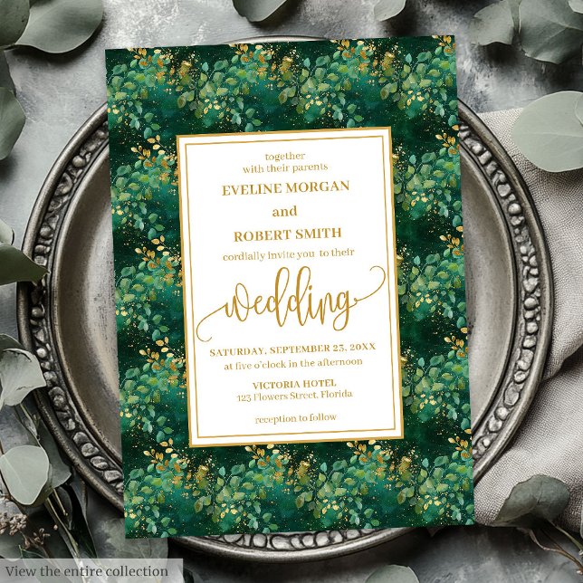 Convites Casamento Dourado de Eucalyptus Clássico Hunter Ve (Classic Hunter Green Gold Eucalyptus Wedding Invitation)