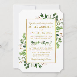 Convites Casamento Dourado de Eucalyptus com Aquarela Verde