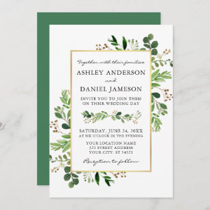 Convites Casamento Dourado de Eucalyptus com Aquarela Verde