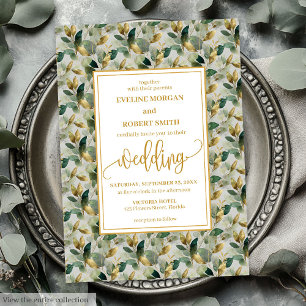 Convites Casamento Dourado de Eucalyptus com Floresta Cláss