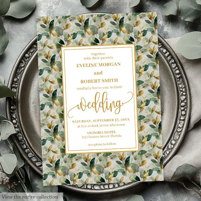 Convites Casamento Dourado de Eucalyptus com Floresta Cláss (Classic Boho Forest Green Gold Eucalyptus Wedding Invitation)