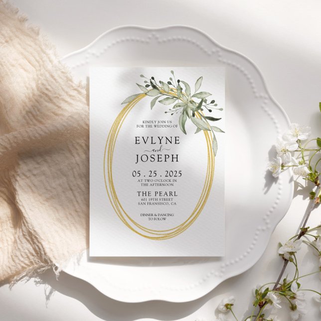 Convites Casamento Dourado de Eucalyptus Verde com Aquarela (Criador carregado)