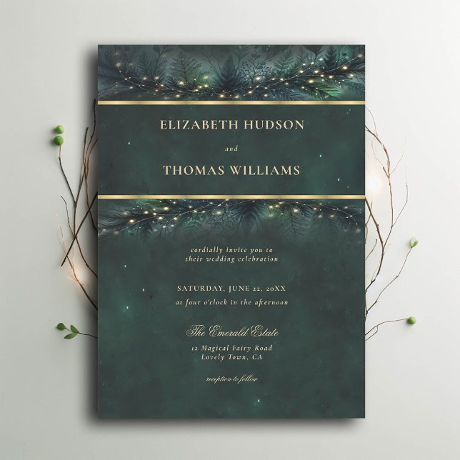 Convites Casamento Dourado de Fairytale da Floresta Encanta (enchanted forest wedding invitation emerald gold frame garland typography modern classic)