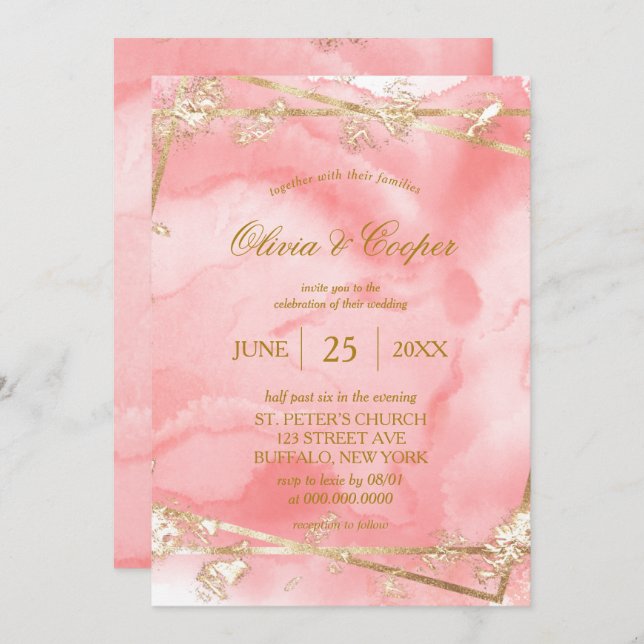 Convites Casamento Dourado de Fairytales, Cor-de-Rosa-Blush (Frente/Verso)