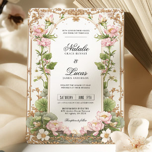 Convites Casamento Dourado de Flor de Lotus , Blush Elegant