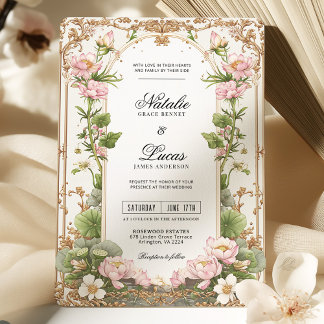 Convites Casamento Dourado de Flor de Lotus , Blush Elegant