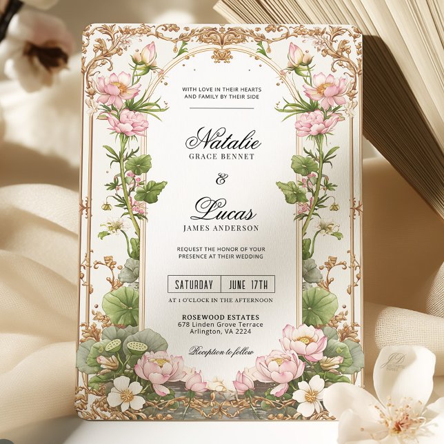 Convites Casamento Dourado de Flor de Lotus , Blush Elegant (Criador carregado)