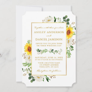 Convites Casamento Dourado de Floral Branco Girassol