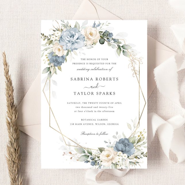 Convites Casamento Dourado de Floral Dusty Blue Greenery Wh (Criador carregado)
