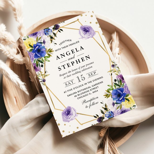 Convites Casamento Dourado de Flores de Verão Roxas e Creme (Criador carregado)