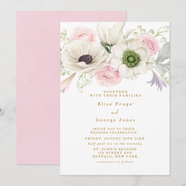 Convites Casamento Dourado de Flores Pink Anêmonas Flores (Frente/Verso)