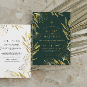 Convites Casamento Dourado de Folha de Luxo Emerald Green