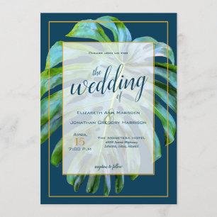 Convites Casamento Dourado de Folha de Monstera Tropical