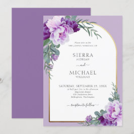 Convites Casamento Dourado de Folhagem Floral Roxa Elegante