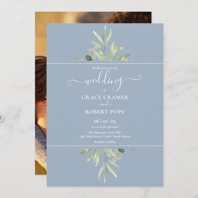 Convites Casamento Dourado de Foto com Dusty Blue Greenery (Frente/Verso)