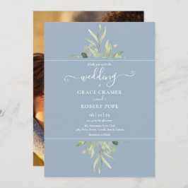 Convites Casamento Dourado de Foto com Dusty Blue Greenery