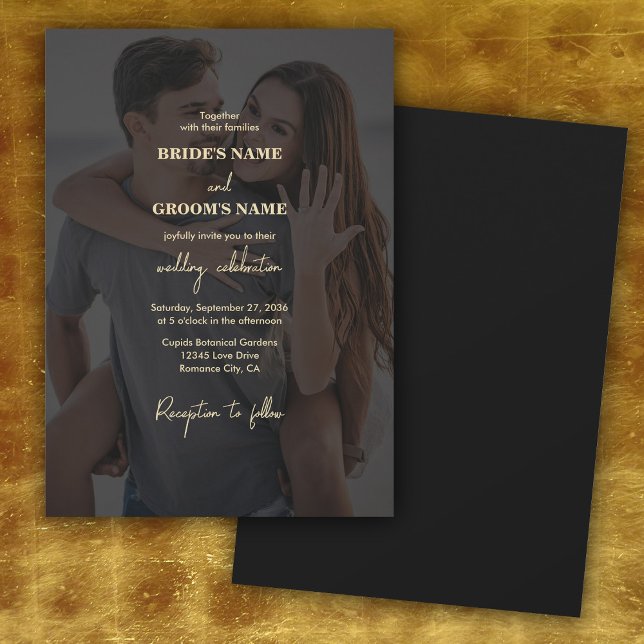 Convites Casamento Dourado de Foto em Branco Moderno (Modern Black Gold Photo Overlay Wedding)