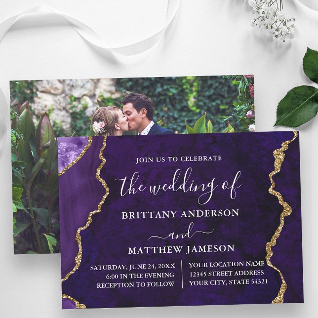 Convites Casamento Dourado de Foto em Marble Purple Waterco (Customize to change text size or text style.)