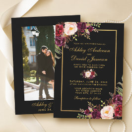 Convites Casamento Dourado de Foto Floral Black Elegante Bu