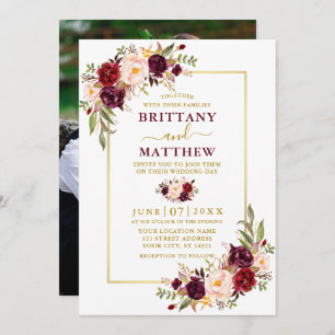 Convites Casamento Dourado de Foto Floral de Watercolor Bur