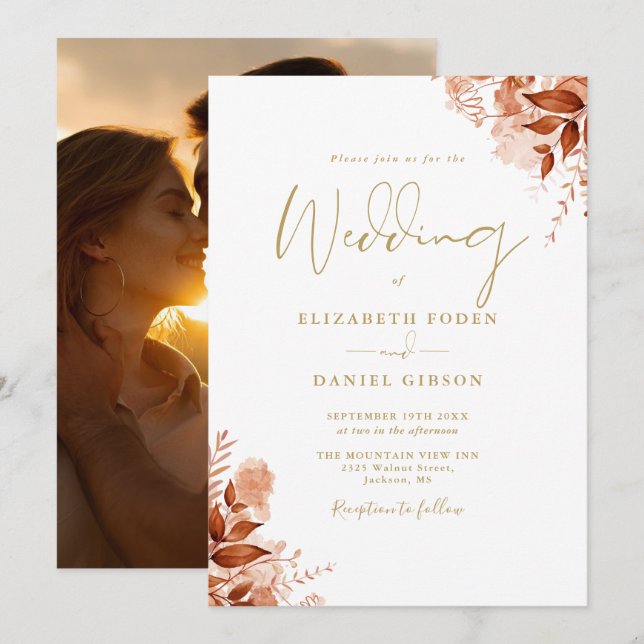 Convites Casamento Dourado de Foto Floral Floral de outono  (Frente/Verso)