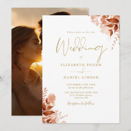 Convites Casamento Dourado de Foto Floral Floral de outono 