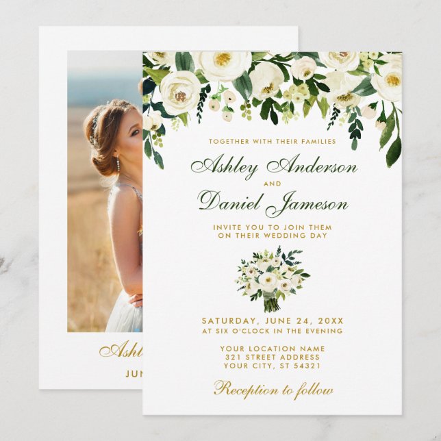 Convites Casamento Dourado de Foto Floral Watercolor Verde (Frente/Verso)