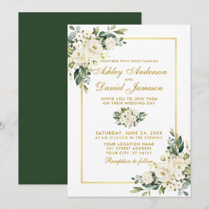 Convites Casamento Dourado de Foto Verde Floral Branco e Br