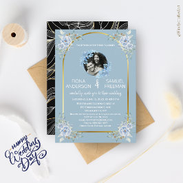 Convites Casamento Dourado de Fotografias Azul e Chic Dusty