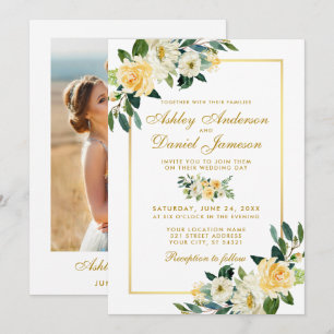 Convites Casamento Dourado de Fotos Branco Amarelo Floral