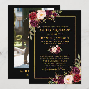 Convites Casamento Dourado de Fotos com Preto Floral Modern