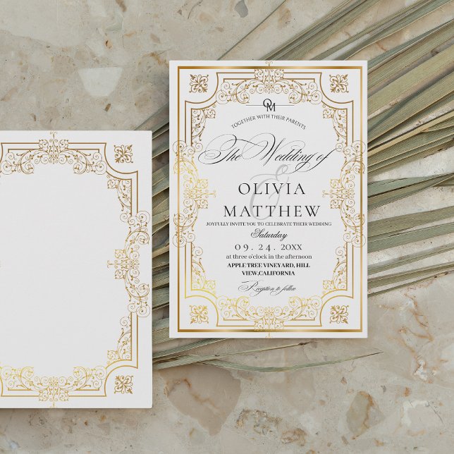 Convites Casamento Dourado de Fotos Elegante Preto e Branco (Criador carregado)