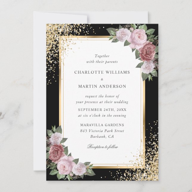Convites Casamento Dourado de Frame Negro Confetti Floral (Frente)